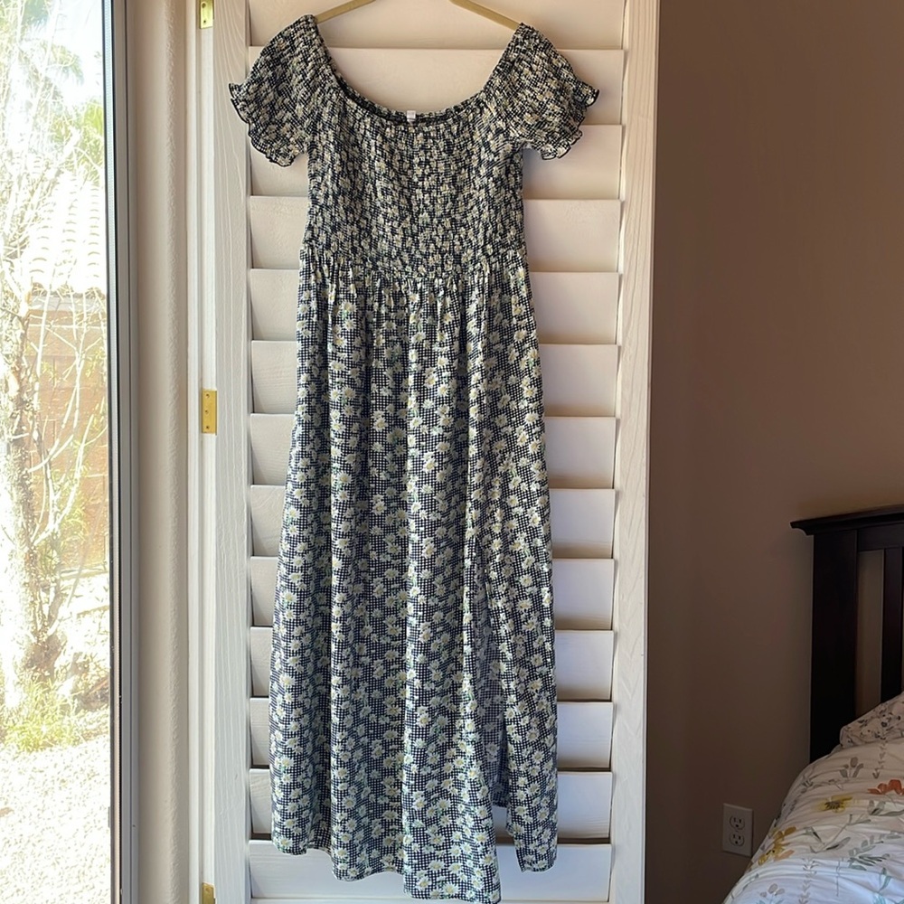 ModCloth Daisy Floral Gingham Smocked Midi Off the Shoulder Vintage 90s Dress